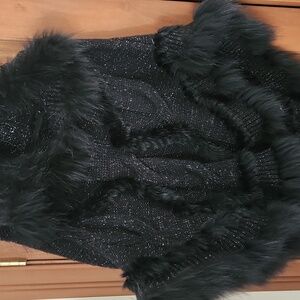 ✨ Luxury Hooded Black Fox Fur & Metallic Knit Poncho XS-XL✨